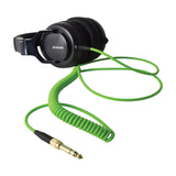 Citronic CPH40-DJ closed-back studio monitor headphones in black with coiled green cable and gold 6.35mm jack adaptor on a white background.