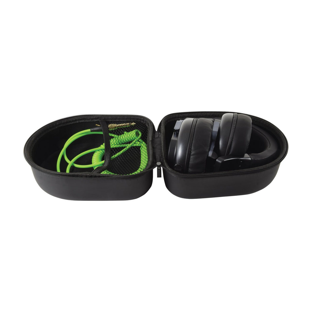 Citronic CPH40-DJ closed-back studio monitor headphones folded inside open hard shell case with coiled green cable in mesh pocket.