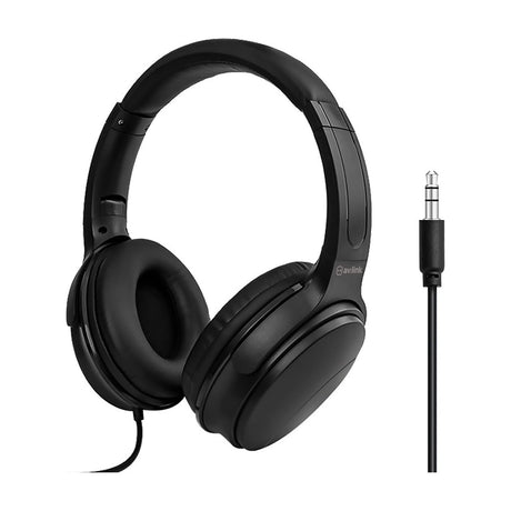 Black AV:Link QDJH-40 wired DJ headphones with padded earcups, cushioned headband and 3.5mm stereo jack cable, shown on a plain white background.