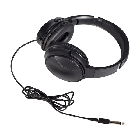 AV:Link QDJH-40 wired DJ headphones in matte black with swivel earcups, padded headband, coiled 3.5mm lead and 6.35mm jack adapter on white.