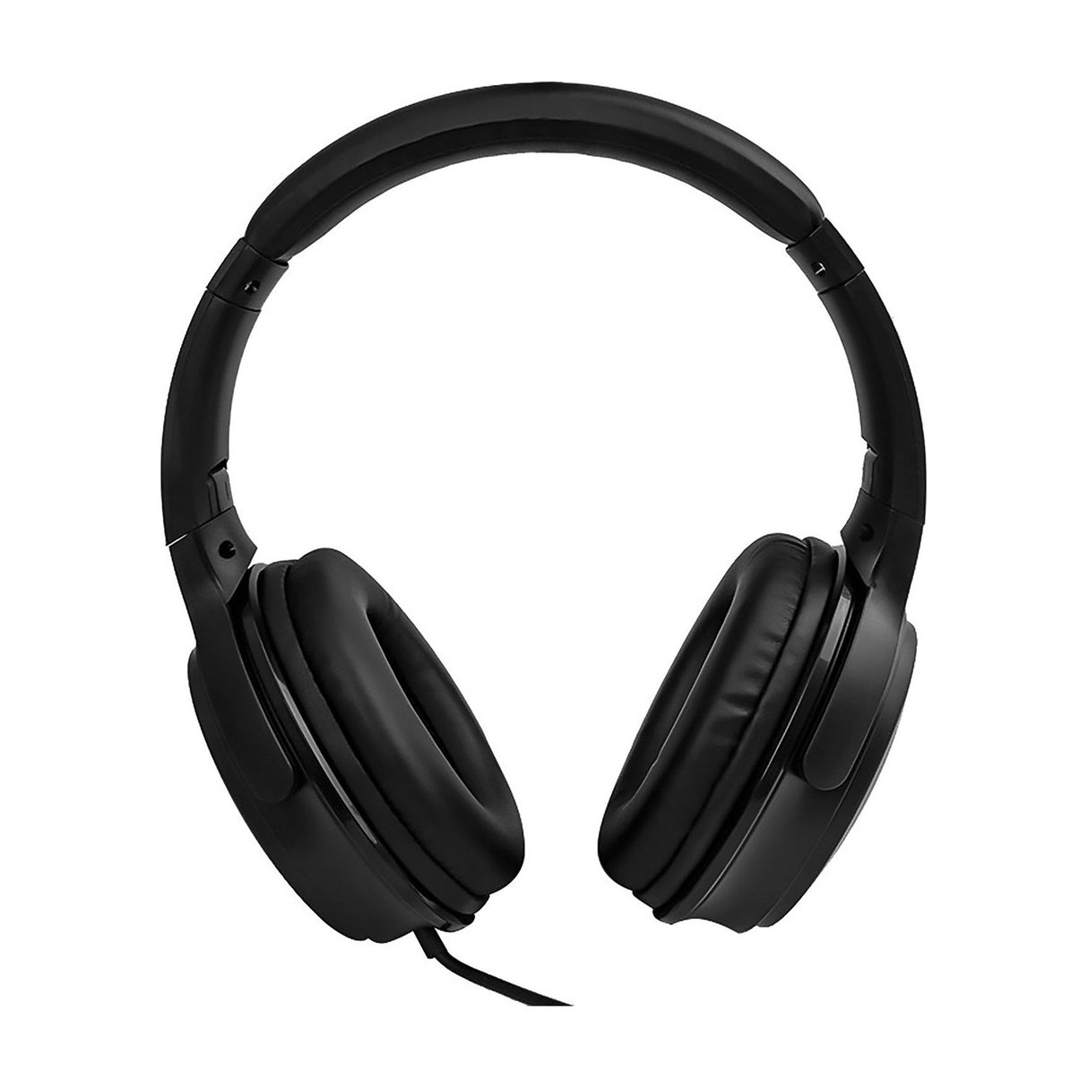 AV:Link QDJH-40 wired DJ headphones in matte black with padded headband, swivel earcups with cushioned pads and attached lead, on a white background.