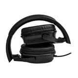 AV:Link QDJH-40 wired DJ headphones in black shown folded flat with swivel earcups stacked, padded headband and cable visible, on a white background.