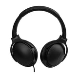 AV:Link QDJH-40 wired DJ headphones in matte black with padded headband and large swivel earcups, shown front-on with attached cable on a white background.