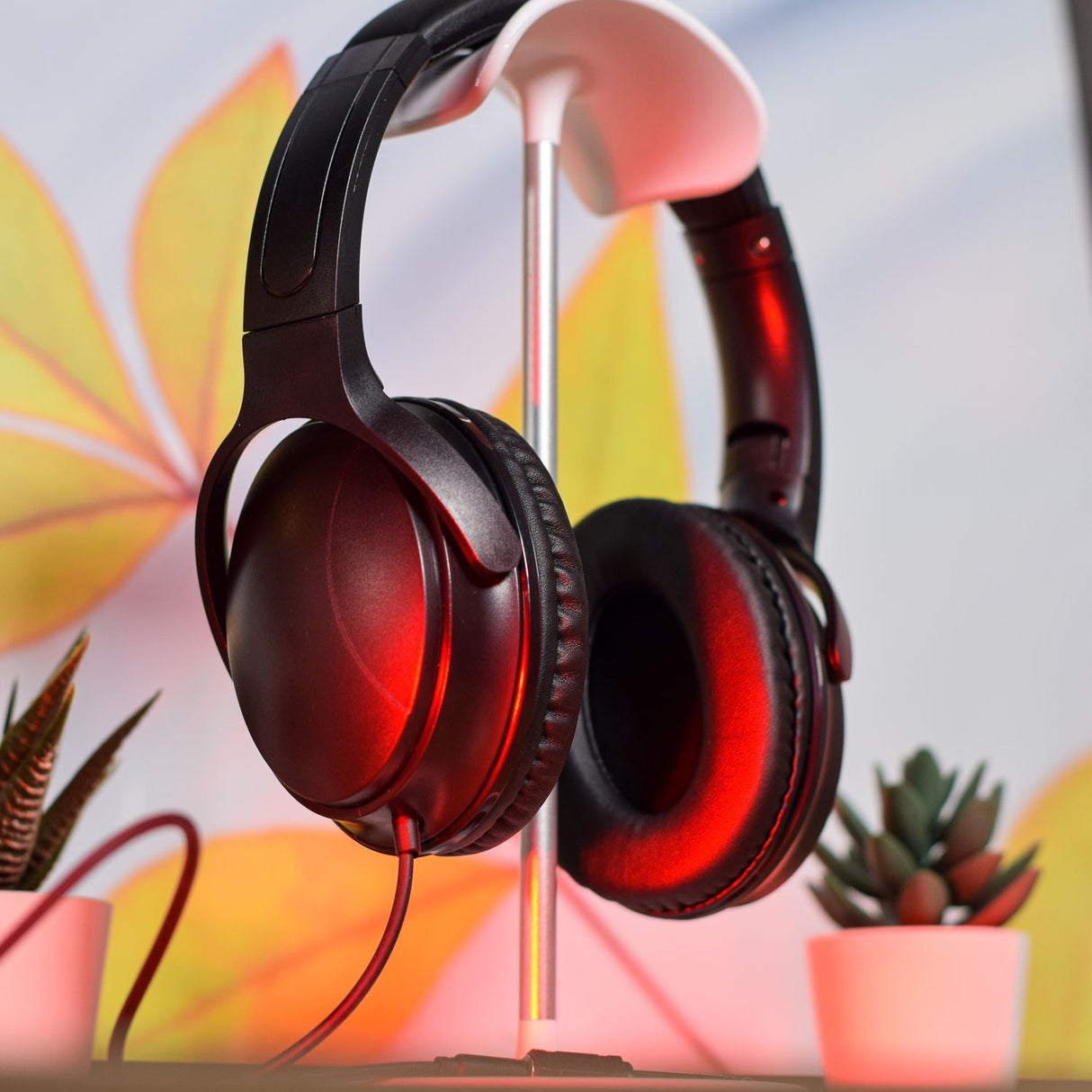 AV:Link QDJH-40 wired DJ headphones in black resting on a stand with red lighting, beside small potted succulents and a leaf-patterned backdrop.