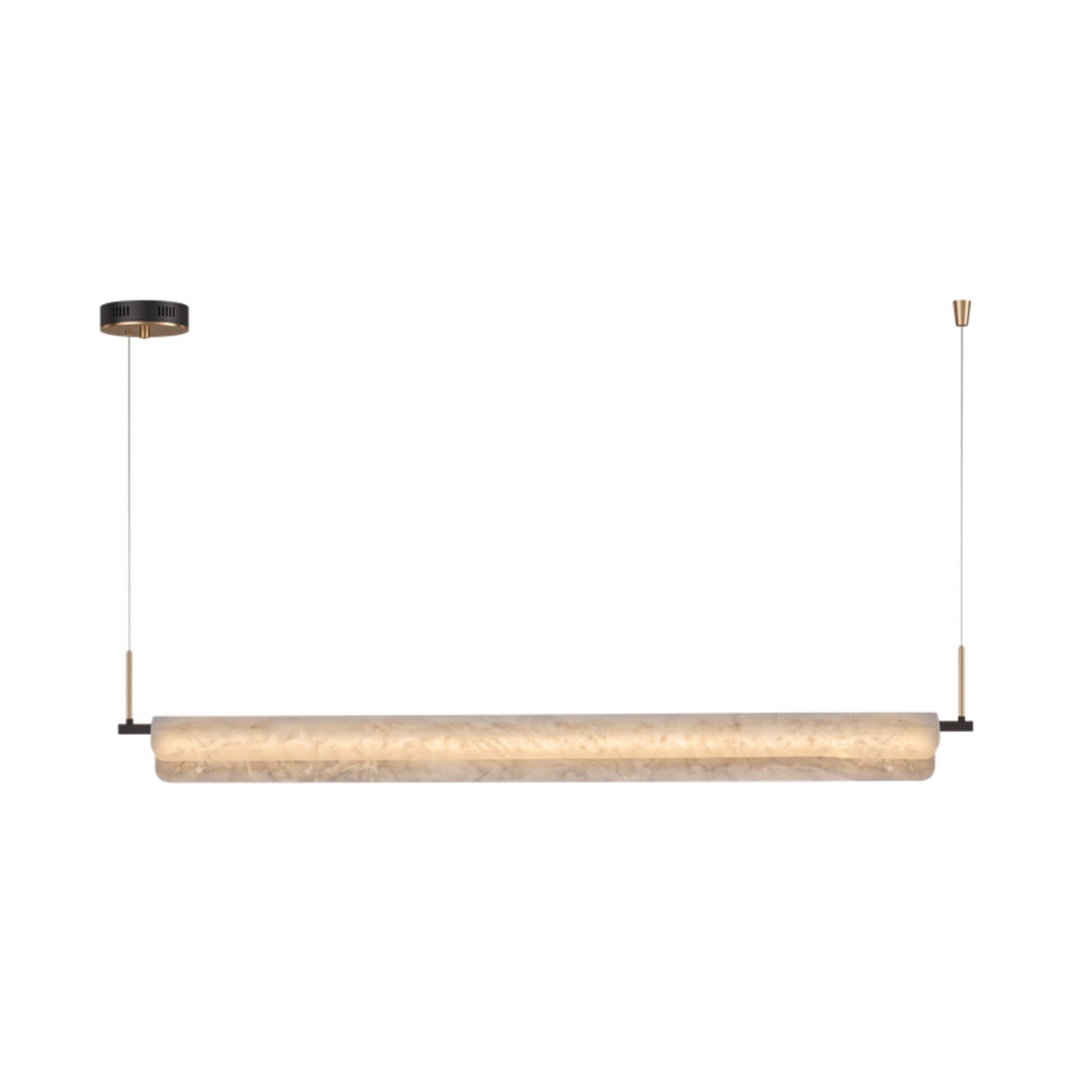 Anellara LED Linear Alabaster Chandelier, a 100cm horizontal bar in natural veined alabaster with black end caps, suspended by two fine cables from a black ceiling canopy on a white background.