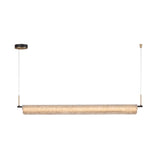 Anellara LED Linear Alabaster Chandelier, a 100cm horizontal bar in natural veined alabaster with black end caps, suspended by two fine cables from a black ceiling canopy on a white background.