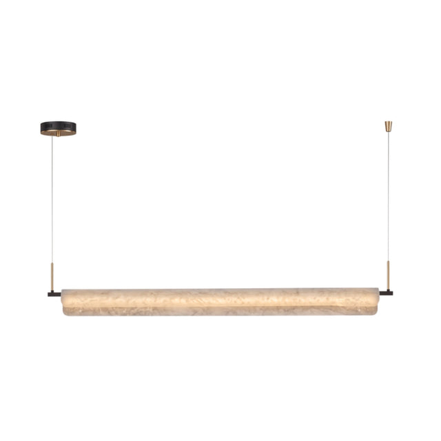 Anellara LED Linear Alabaster Chandelier, a 100cm horizontal bar in natural veined alabaster with black end caps, suspended by two fine cables from a black ceiling canopy on a white background.