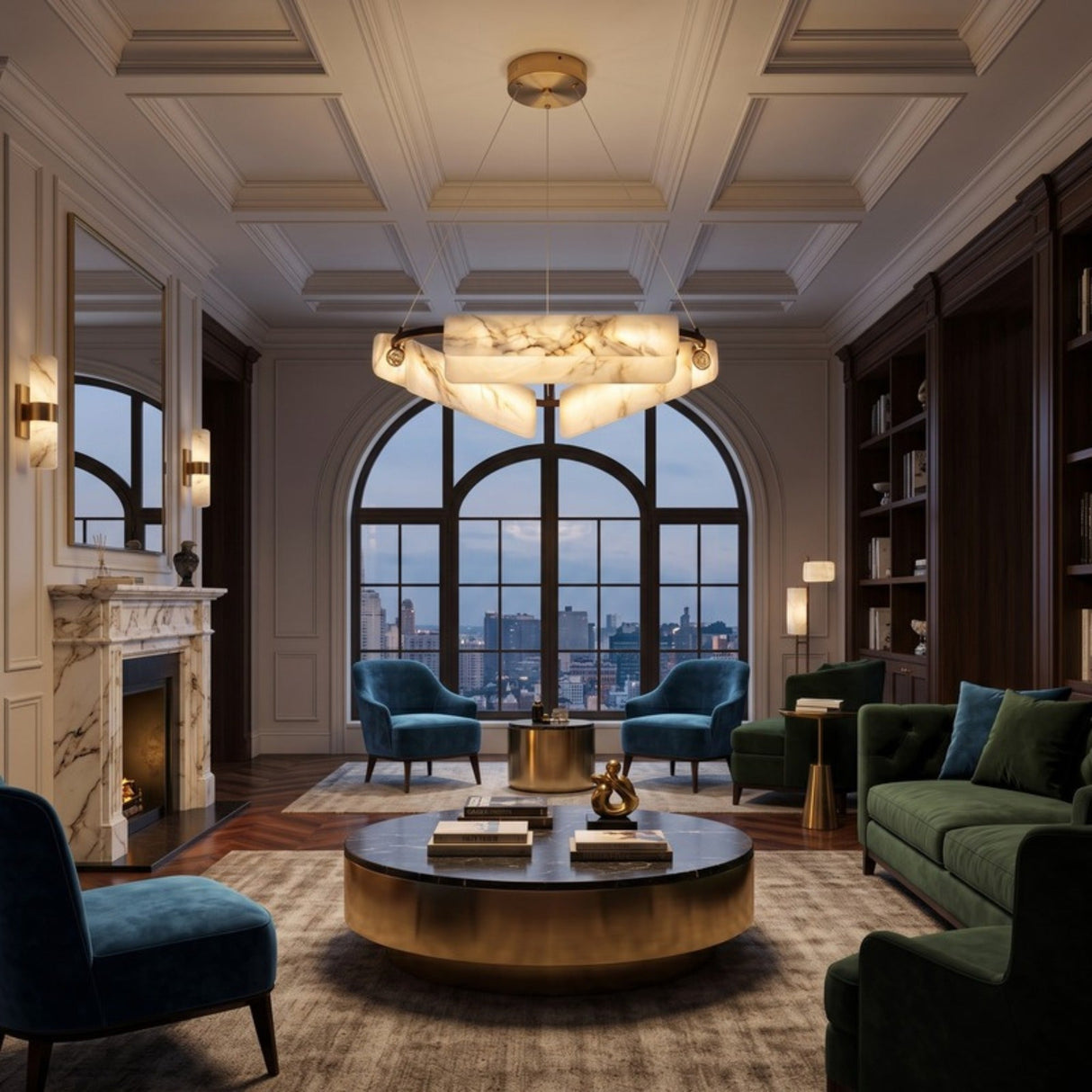 Anellara LED Radial Alabaster Chandelier 60cm, black ring with angled alabaster blocks and brass accents, shown above a living room seating area with city view.