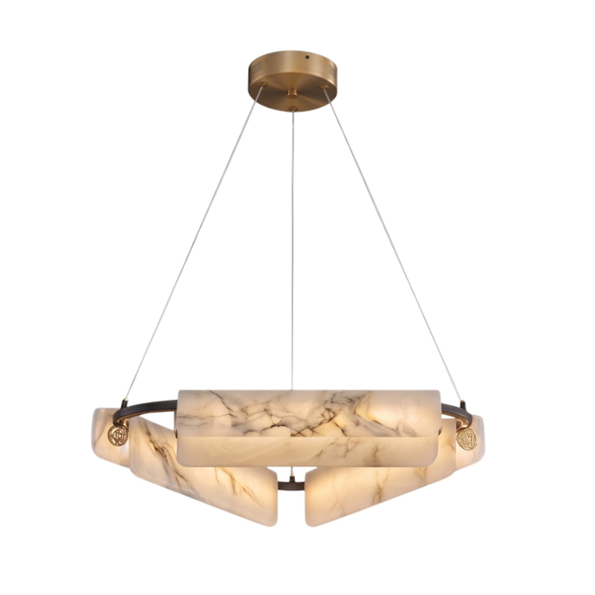 Anellara LED Radial Alabaster Chandelier, 60cm black ring with radiating alabaster stone blocks, brass medallion accents and three suspension cables, on a plain white background.