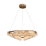 Anellara LED Radial Alabaster Chandelier, 60cm black ring with radiating alabaster stone blocks, brass medallion accents and three suspension cables, on a plain white background.