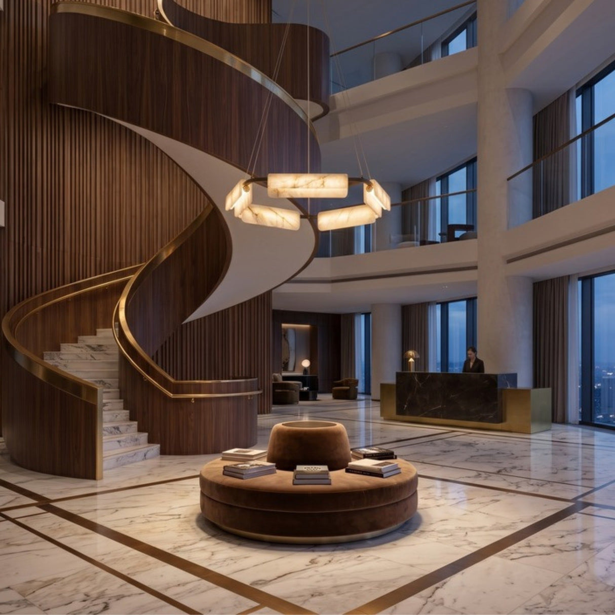 Anellara LED Radial Alabaster Chandelier 80cm in black and white, a ring-mounted fixture with angled alabaster blocks, shown above a hotel lobby's marble table and spiral staircase.