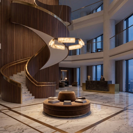 Anellara LED Radial Alabaster Chandelier 80cm in black and white, a ring-mounted fixture with angled alabaster blocks, shown above a hotel lobby's marble table and spiral staircase.
