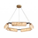 Anellara 80cm LED radial chandelier with a black metal ring suspended on cables, holding six angled alabaster blocks in cream and gold veining, on a white background.
