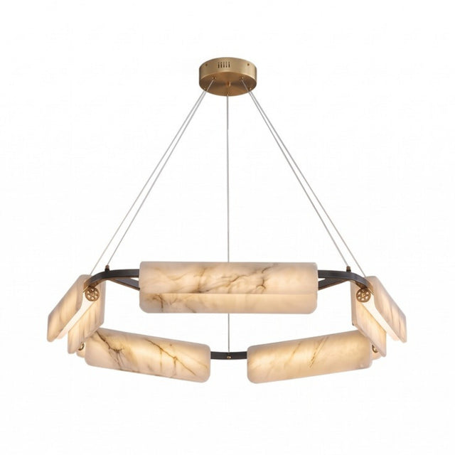 Anellara 80cm LED radial chandelier with a black metal ring suspended on cables, holding six angled alabaster blocks in cream and gold veining, on a white background.