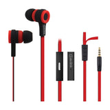 AV:Link rubberised stereo earphones in red and black with flat tangle-resistant cable, inline mic control and gold 3.5mm jack on a white background.