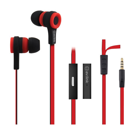 AV:Link rubberised stereo earphones in red and black with flat tangle-resistant cable, inline mic control and gold 3.5mm jack on a white background.