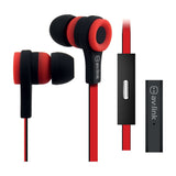 AV:Link rubberised stereo earphones in black and red with flat tangle-resistant cable, inline microphone control, and 3.5mm jack on a white background.