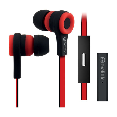 AV:Link rubberised stereo earphones in black and red with flat tangle-resistant cable, inline microphone control, and 3.5mm jack on a white background.