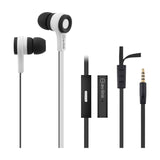 AV:Link rubberised stereo earphones in black and white with flat tangle-resistant cable, inline microphone with track control and gold-plated 3.5mm jack.