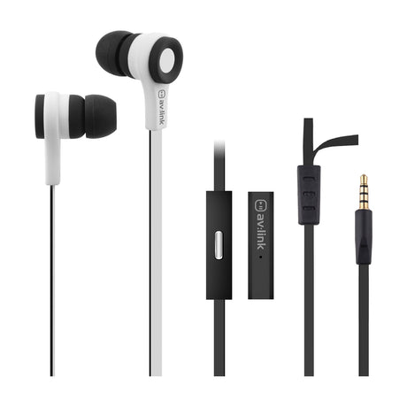 AV:Link rubberised stereo earphones in black and white with flat tangle-resistant cable, inline microphone with track control and gold-plated 3.5mm jack.