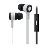 AV:Link rubberised stereo earphones in white and black with flat tangle-resistant cable, silicone tips and inline microphone with track control button.
