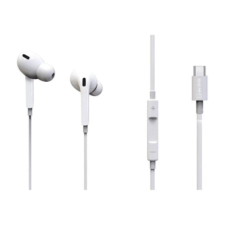 AV:Link USB Type-C wired in-ear earphones in white, shown with earbuds, in-line volume and track control buttons, and USB-C connector on a white background.