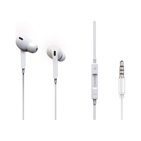 AV:Link digital wired earphones in white with in-line microphone, volume controls, and 3.5mm jack connector on a plain white background.