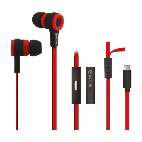 AV:Link rubberised USB-C stereo earphones in red and black with flat tangle-resistant cable, inline mic and track controls, shown on a white background.