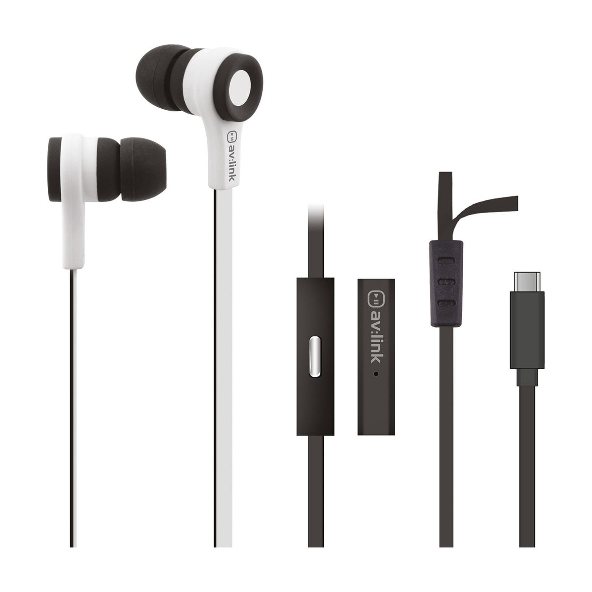AV:Link rubberised stereo earphones in white and black with flat cable, inline microphone control and USB-C connector on a plain background.