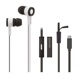 AV:Link rubberised stereo earphones in white and black with flat cable, inline microphone control and USB-C connector on a plain background.