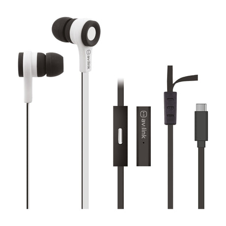 AV:Link rubberised stereo earphones in white and black with flat cable, inline microphone control and USB-C connector on a plain background.