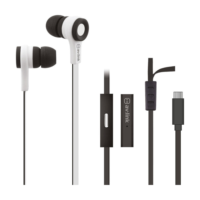 AV:Link rubberised stereo earphones in white and black with flat cable, inline microphone control and USB-C connector on a plain background.