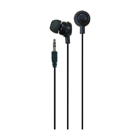 AV:Link EM9B round mini in-ear earphones in black with soft ear tip, 1.2m cable and 3.5mm stereo jack, shown on a plain white background.