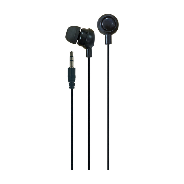 AV:Link EM9B round mini in-ear earphones in black with soft ear tip, 1.2m cable and 3.5mm stereo jack, shown on a plain white background.