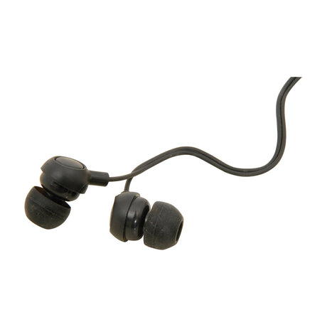 AV:Link EM9B round mini in-ear earphones in black with soft ear tips and a wired 3.5mm cable, shown on a plain white background.
