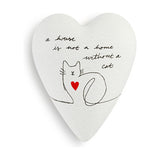 Heart-shaped wooden lidded keeper decoration in white, with a hand-drawn cat and red heart design and "a house is not a home without a cat" text, shown on a plain background.