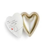 Cat Love Heart Lidded Wooden Keeper Decoration in white and gold, open to show a gold interior and white lid with cat line drawing and handwritten text, on a plain background.