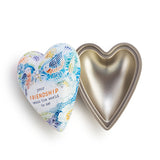 Your Friendship Wooden Heart Keeper decoration with domed lid lifted to reveal a gold-toned hollow base, lid painted with blue floral design and songbirds, on a white background.