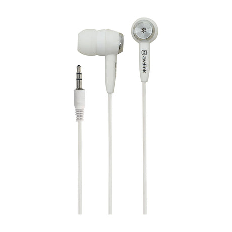 AV:Link EC9W white in-ear wired stereo earphones with silicone tips and 3.5mm jack plug on a light background.