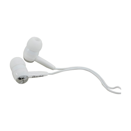 AV:Link EC9W white in-ear stereo earphones with soft silicone tips, chrome accents and wired 3.5mm lead, shown on a plain white background.