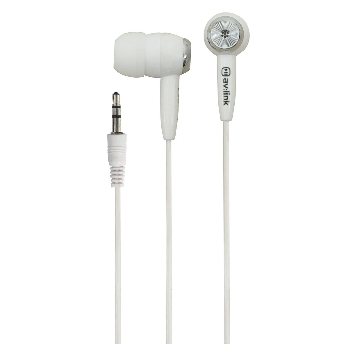 The image displays two AV:Link In Ear Stereo Earphones, EC9W - White, featuring a 3.5mm audio jack cable for premium sound quality. The earphones showcase round earpieces, with one earbud turned sideways to reveal a small speaker, and the av:link logo is prominently visible on each one.