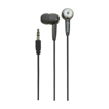 AV:Link EC9B black in-ear stereo earphones with silicone tips, 1.2m cable and 3.5mm jack plug, shown on a plain white background.