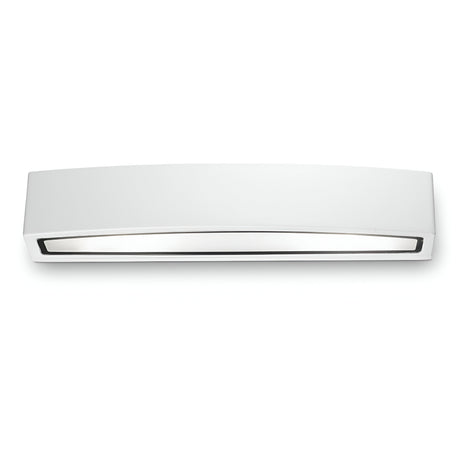 The Lunar 2 Light Outdoor Wall Light in white features a sleek, modern curved rectangular design crafted from die-cast aluminum. Its double diffuser system emits a soft, diffused light, providing a minimalist and elegant look for any outdoor space.