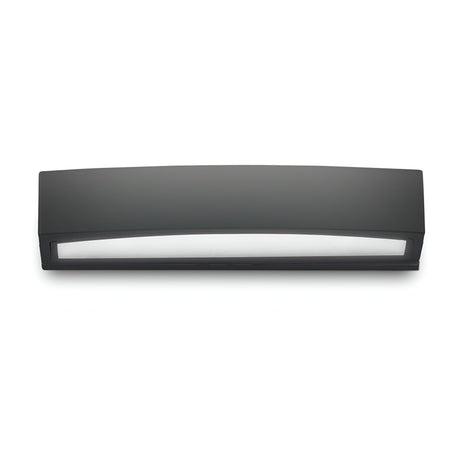 The Lunar 2 Light Outdoor Wall Light features a modern, rectangular design with a matte black finish and includes a frosted light diffuser crafted from satin-finished Pyrex glass.
