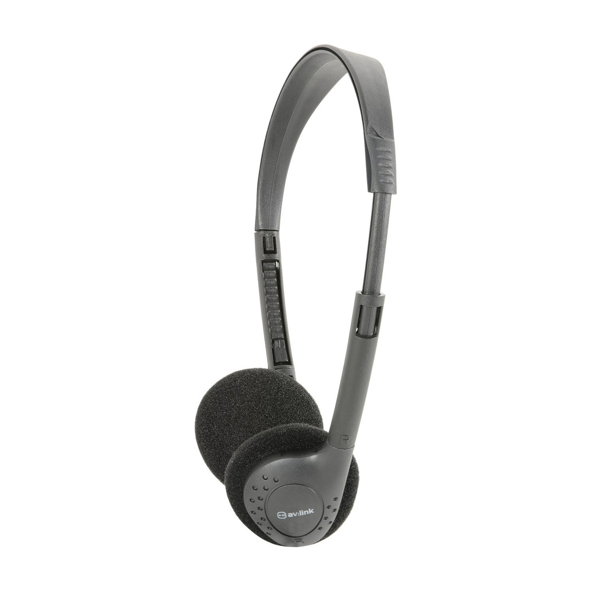 AV:Link SH30 lightweight fold-flat stereo headphones by AVSL in black with adjustable plastic headband and foam-padded on-ear cups, shown on a white background.