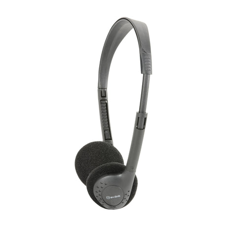 AV:Link SH30 lightweight fold-flat stereo headphones by AVSL in black with adjustable plastic headband and foam-padded on-ear cups, shown on a white background.
