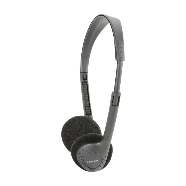AV:Link SH30 lightweight fold-flat stereo headphones by AVSL in black with adjustable plastic headband and foam-padded on-ear cups, shown on a white background.