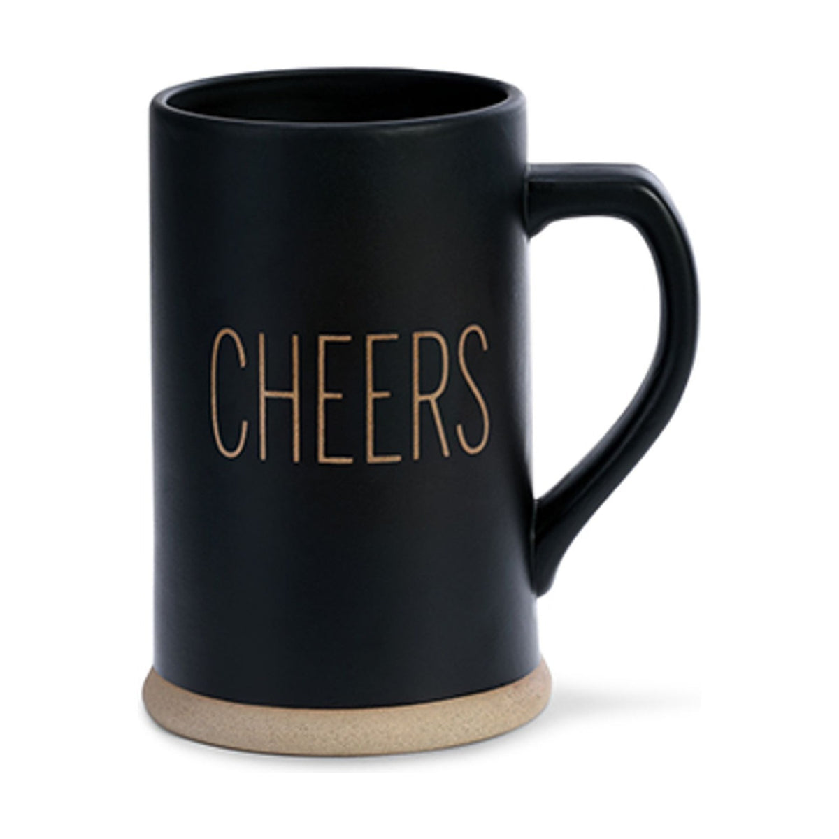 Tall round ceramic beer stein mug in matt black with "CHEERS" in gold capitals, a C-shaped handle, and a contrasting grey unglazed foot band, shown on a plain white background.