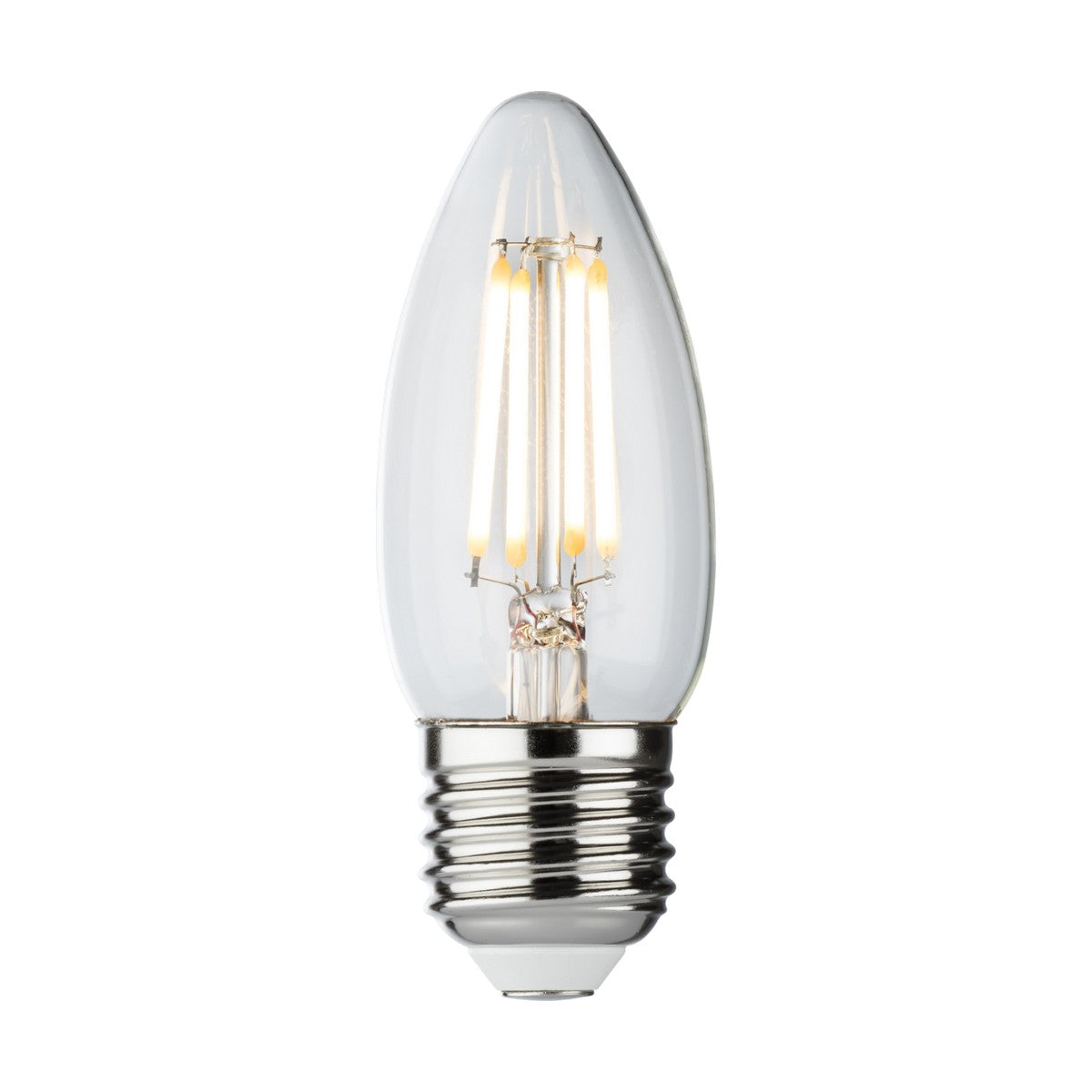 A 4W Dimmable LED Candle Filament Bulb, featuring a clear finish with visible filaments and an E27 base, set against a plain white background.