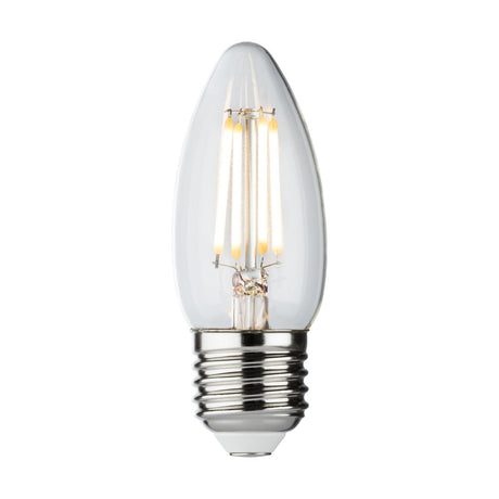 A 4W Dimmable LED Candle Filament Bulb, featuring a clear finish with visible filaments and an E27 base, set against a plain white background.